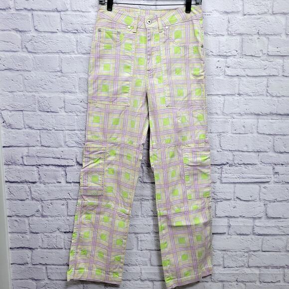 Ragged Priest High Rise Plaid Cargo Jeans Size 28 Chartreuse Lavender Straight - Picture 1 of 9